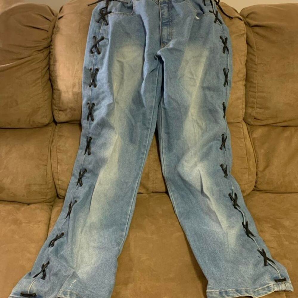 Vintage Elee straight-leg denim jeans with full-length corset lace-up sides